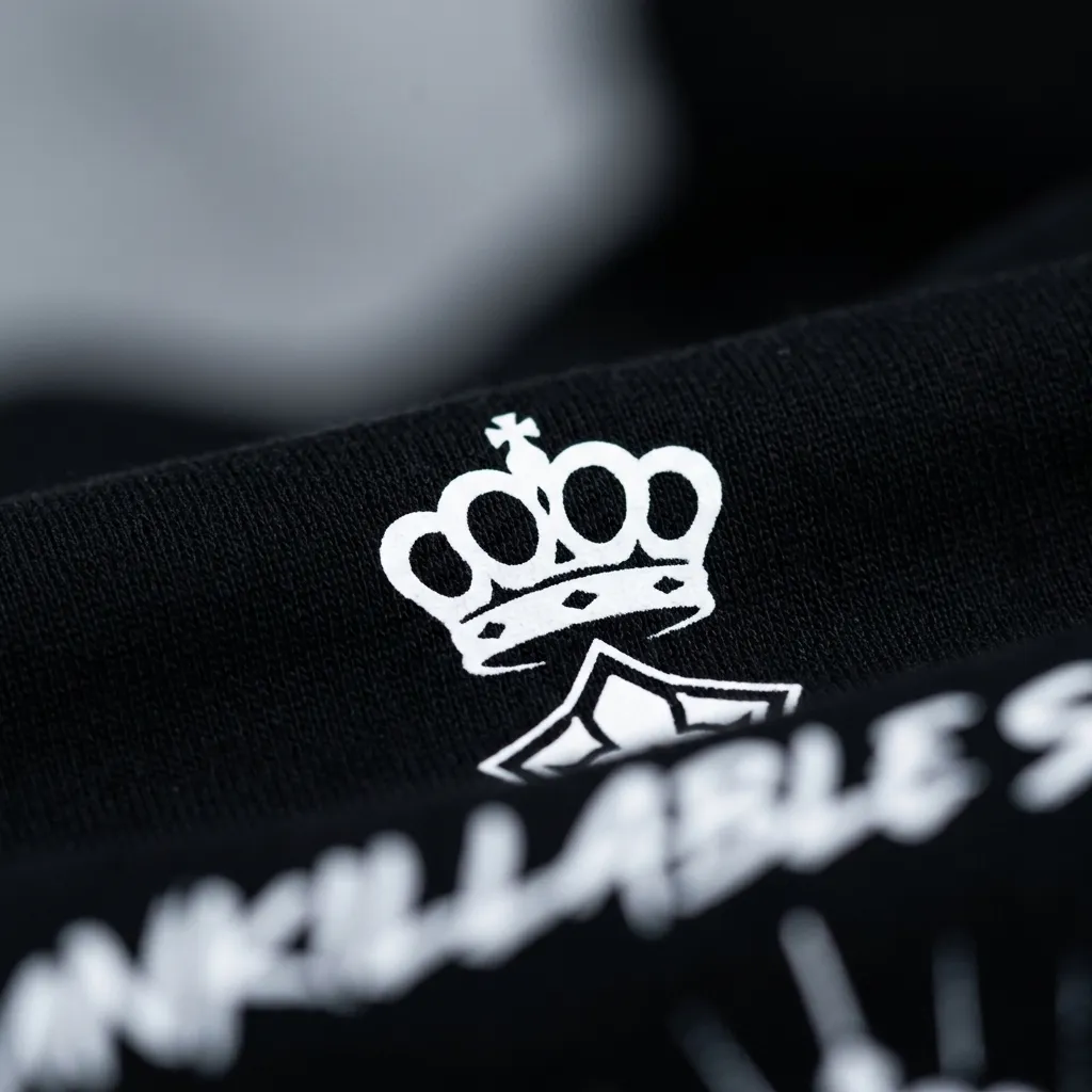 Close-up of the crown graphic and black fabric